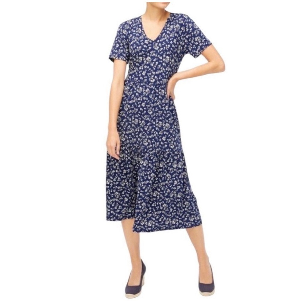 J. Crew Floral Tiered Midi Dress Women Size S Navy Blue Cottagecore V-Neck